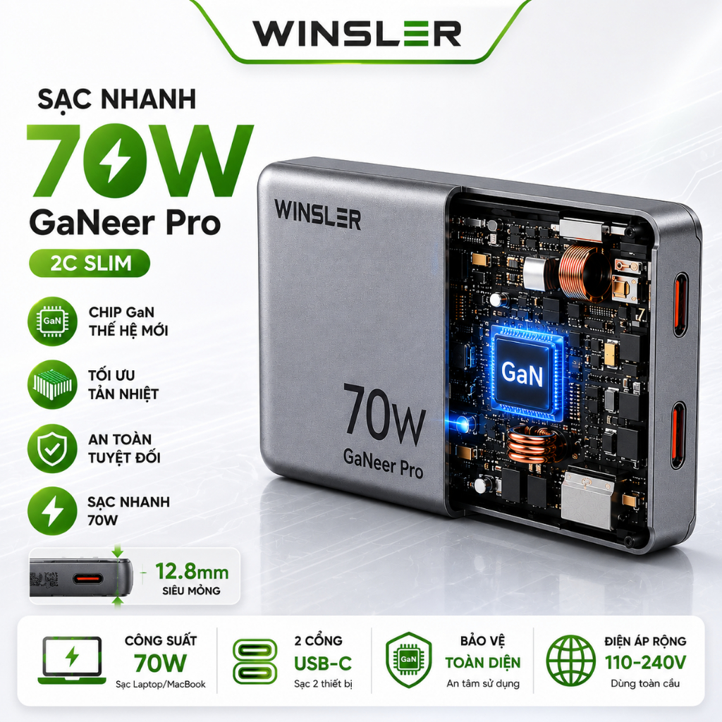 Tốc độ sạc của củ sạc nhanh GaN 70W Winsler 2C