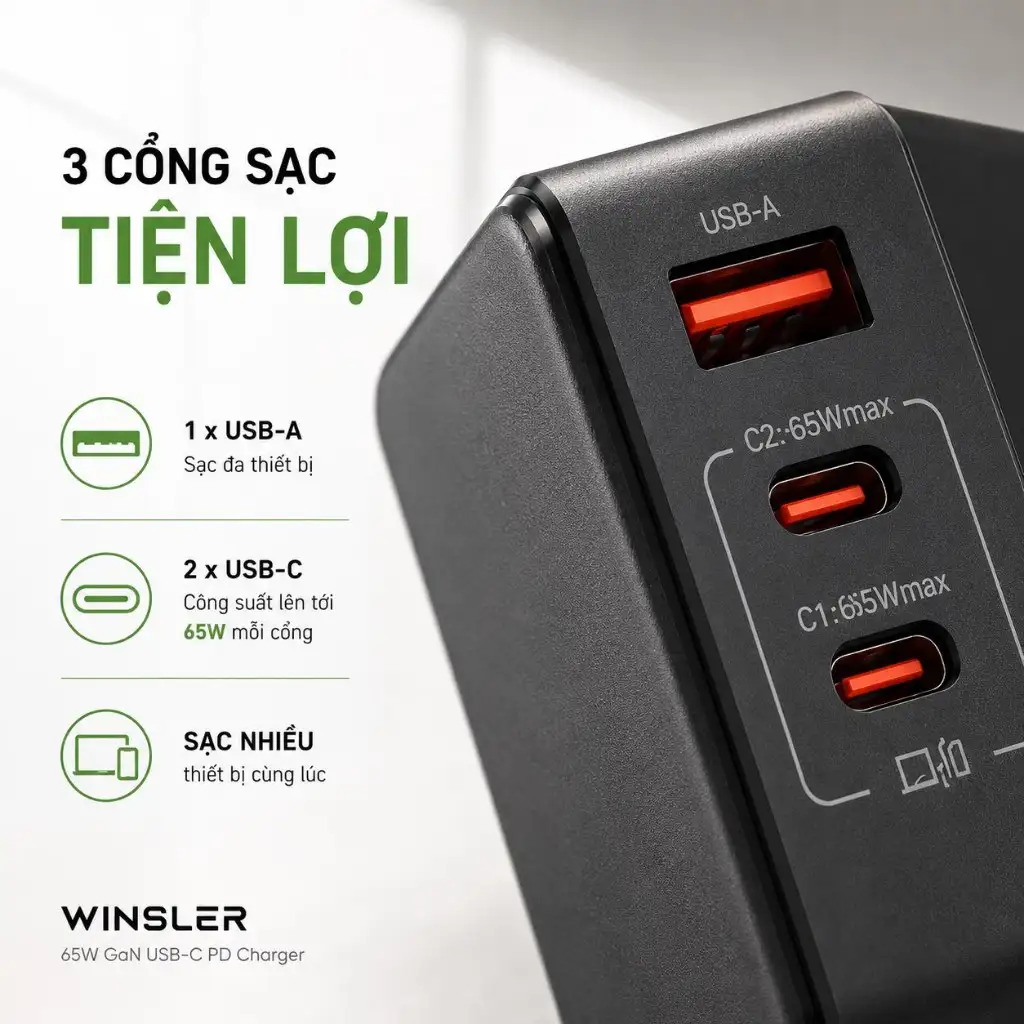 Củ sạc nhiều cổng giúp tối ưu sự tiện lợi và linh hoạt